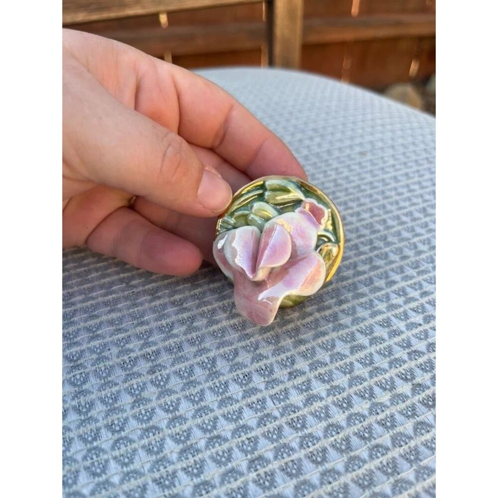 Vintage Porcelain Flower Brooch Pink Rose Luster Glaze Pin